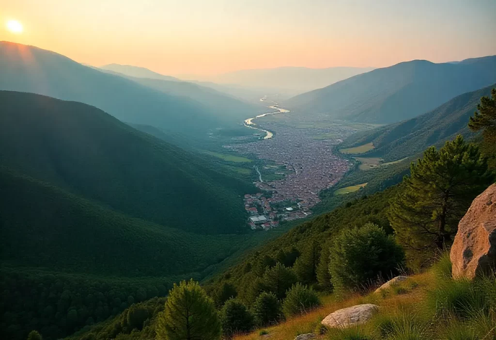 Panoramic view from a mountain summit in central Italy, showcasing a sunset over lush valleys and terracotta rooftops.