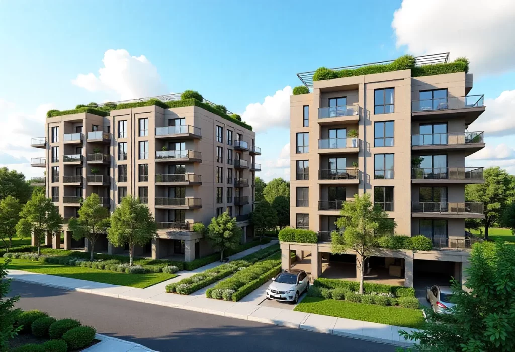 Two contemporary apartment buildings with green roofs, large windows, and rooftop terraces in a sunny daytime setting.