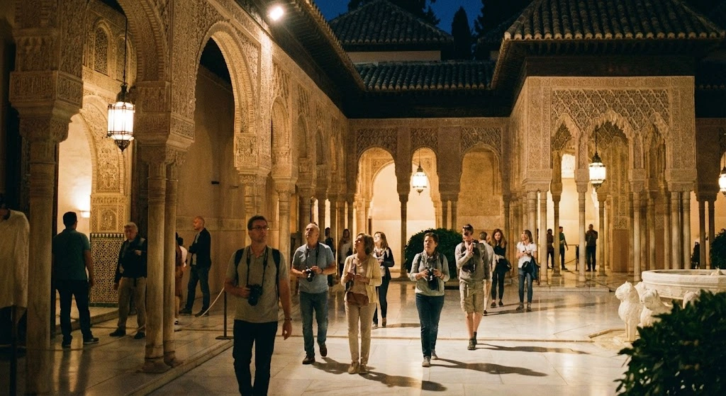 Visitors exploring Alhambra night tour inside Nasrid Palaces