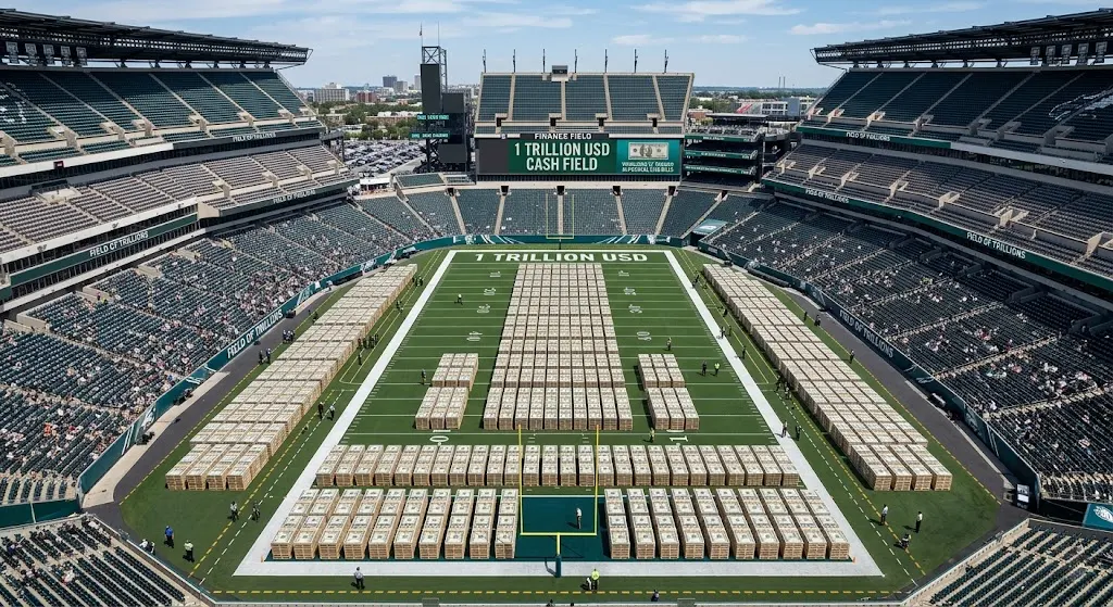 One trillion dollars covering a football field
