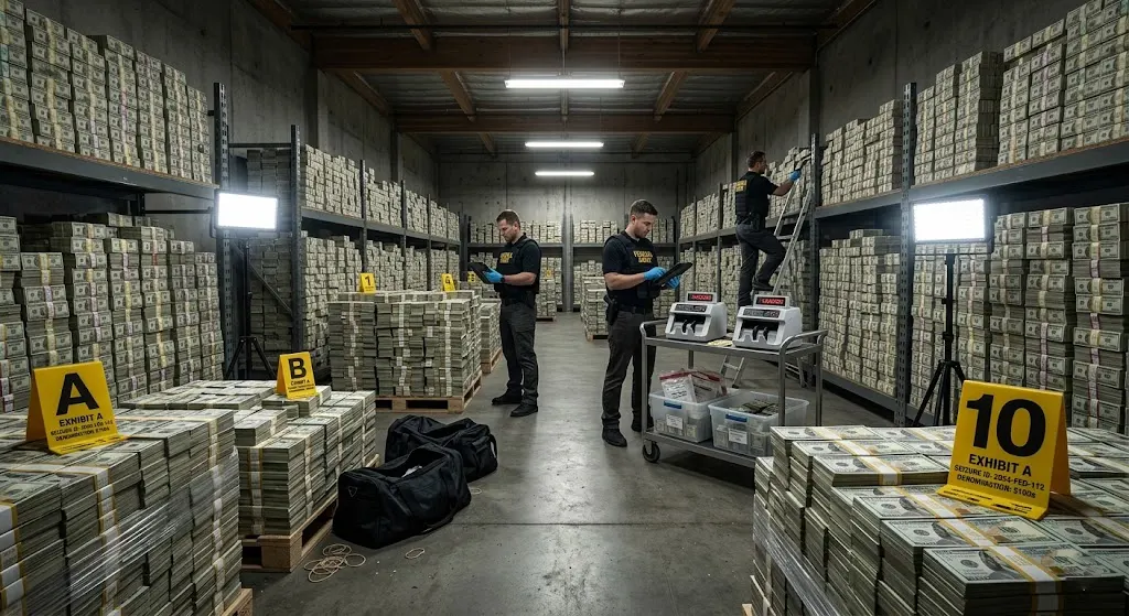Room filled with stacks of seized cash