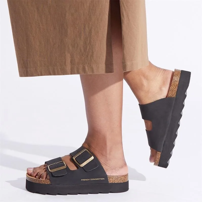 French Collection Women's Chunky Double Buckle Sandals Black