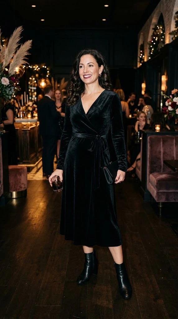 Black velvet wrap dress vamp romantic party outfit