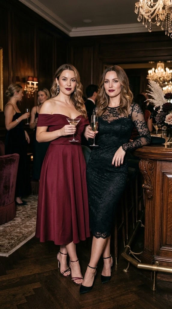 Burgundy off-shoulder and black lace vamp romantic dresses