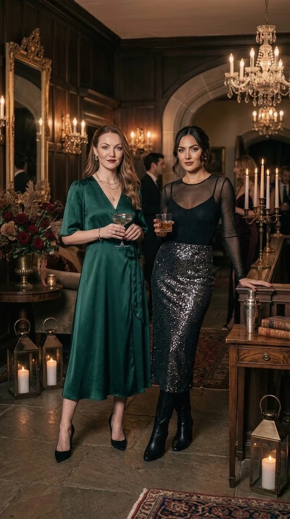 Emerald satin dress and black mesh sequin party outfit