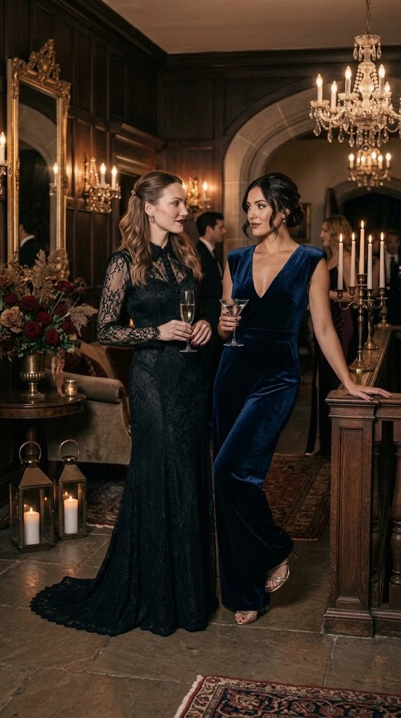 Gothic lace maxi dress and midnight blue velvet jumpsuit
