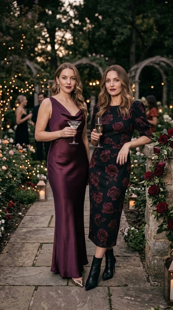 Plum satin gown and dark floral vamp romantic dress