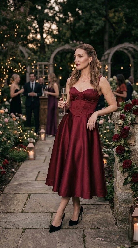 Red corset dress with black heels for a vamp romantic party