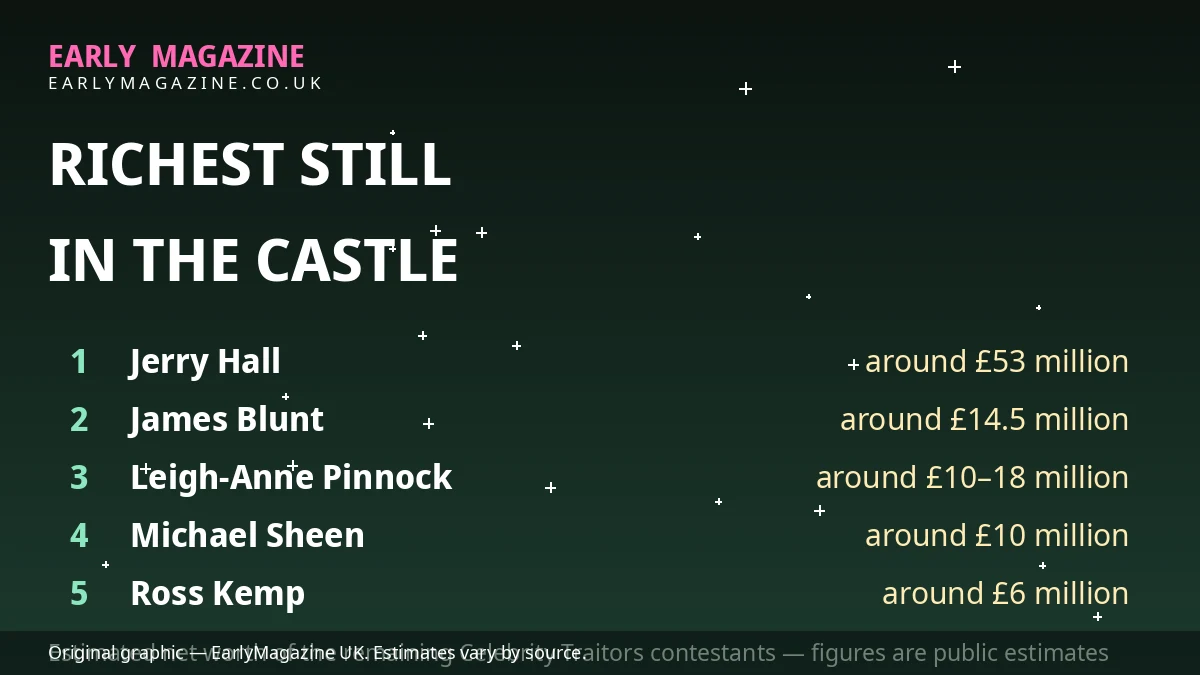Illustrated ranking graphic listing the five richest celebrities still in the Celebrity Traitors castle, topped by Jerry Hall