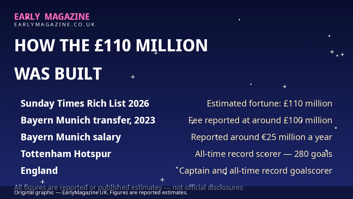 Illustrated infographic graphic summarising how Harry Kane's fortune was built, including the Sunday Times Rich List estimate, his reported Bayern Munich transfer fee and salary, and his England scoring record