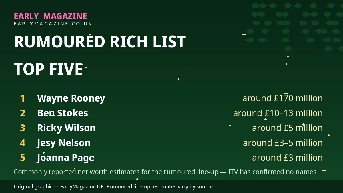 Illustrated ranking graphic listing the five richest rumoured I'm a Celebrity 2026 contestants, topped by Wayne Rooney