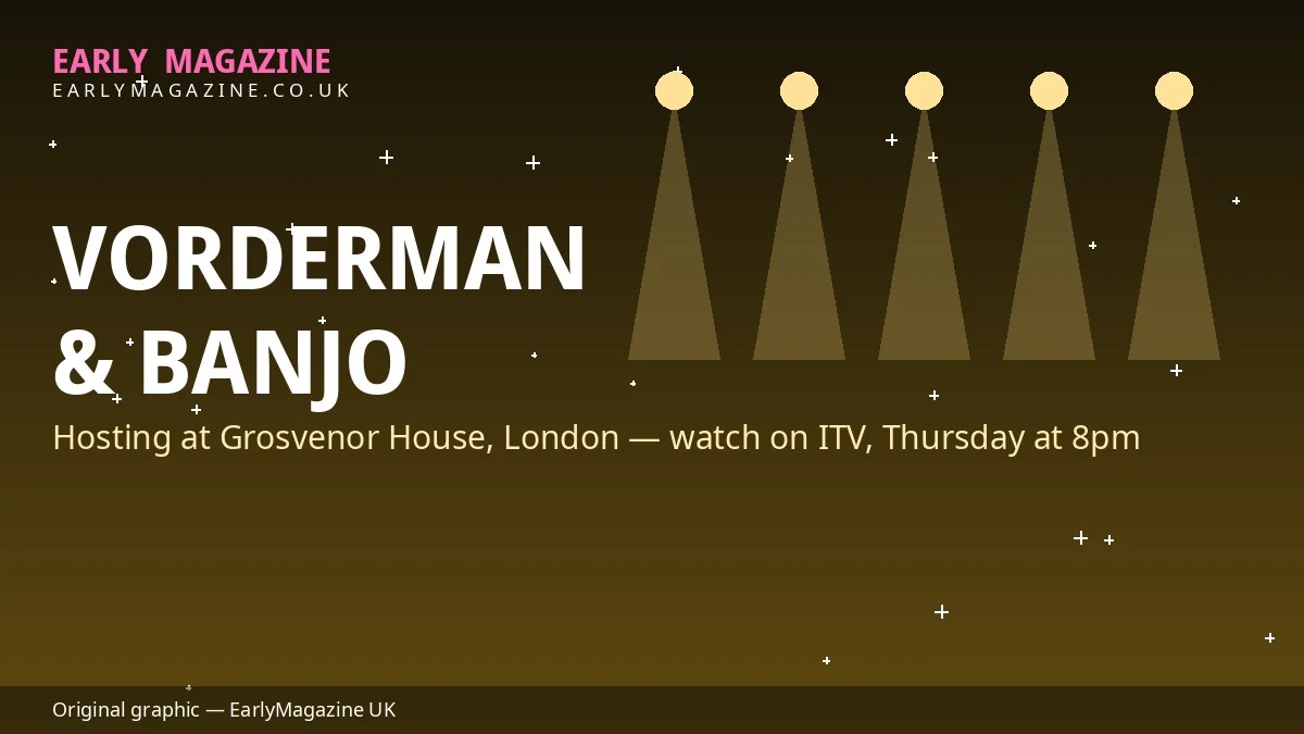 Illustrated graphic of two television presenters hosting a UK awards ceremony on stage