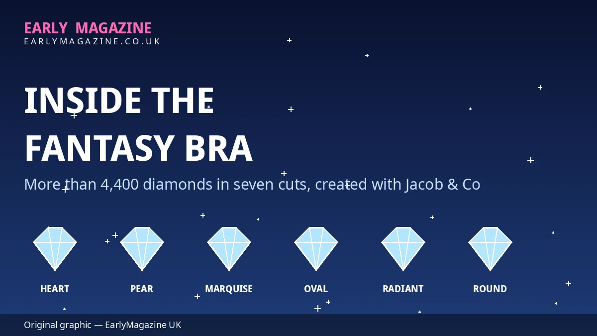 Illustrated close-up graphic showing diamond shapes including heart, pear, marquise, oval, radiant and round brilliant cuts